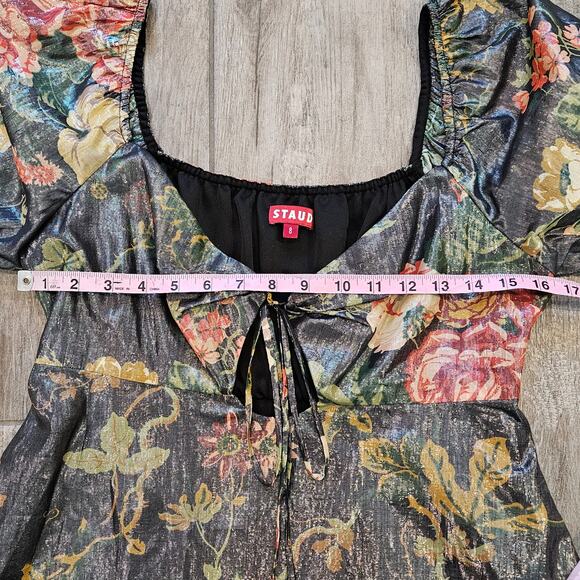 STAUD Camilla Dress  Size 8 Floral Metallic Puff Sleeve Mini Tie Front Coquette - Picture 6 of 16